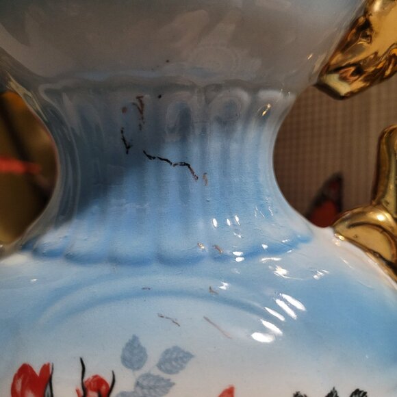 Blue Vintage Italian Porcelain Urn Vase with Pink Roses - Picture 10 of 13